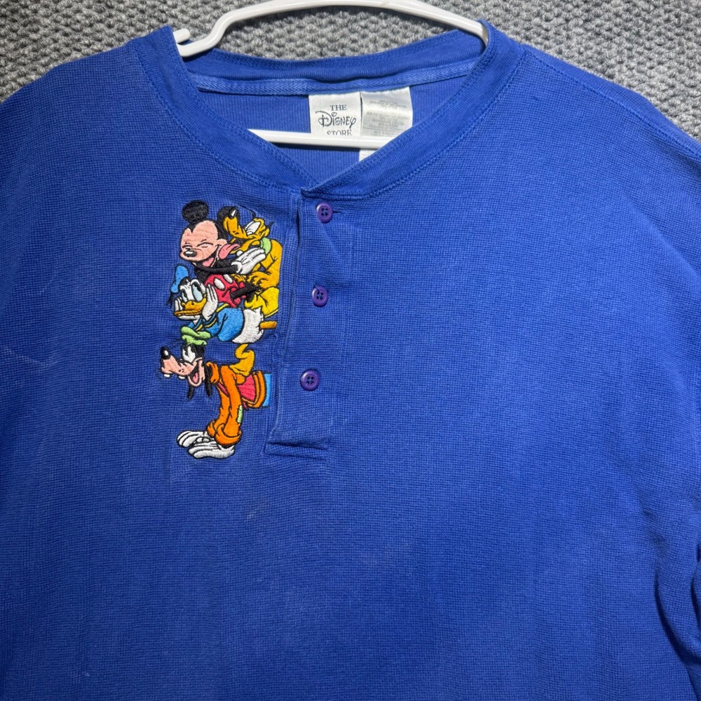 Vintage Disney Store Royal Blue Waffle Henley Mickey Donald Goofy Pluto XL
